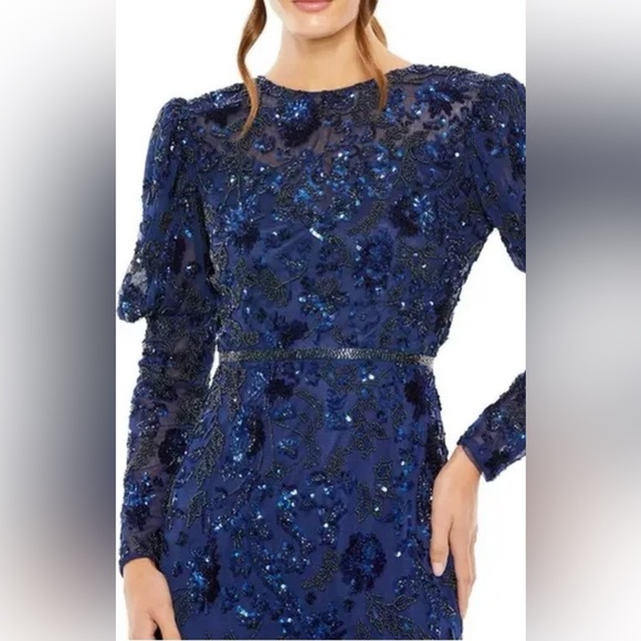 Mac Duggal 5590 NWT Midnight Blue Beaded Floral Long Sleeve Cocktail Midi Dress - Picture 3 of 7